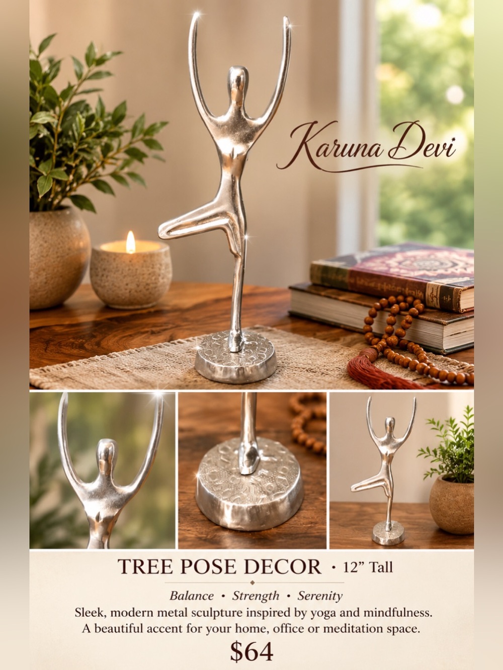 Silver Medtal Tree Pose Yoga Sculpture - Elegant Home Accent